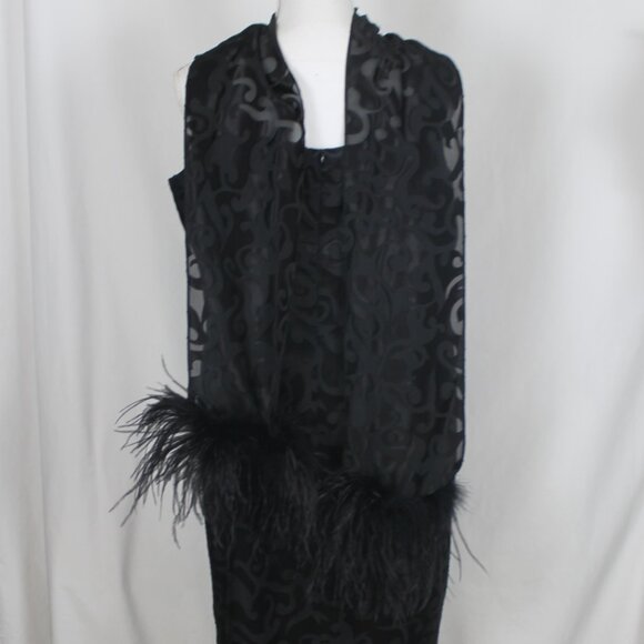 LORI WEIDNER Black Formal Dress Woman Size 14 Petite Maxi Length Sheath Boa Vtg. - Picture 5 of 12